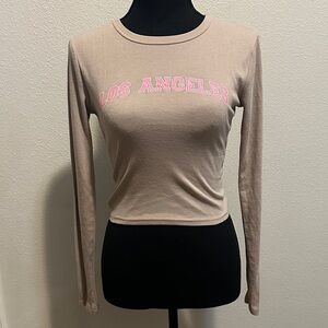 -Beige Long Sleeve Top with Pink 'Los Angeles' Print